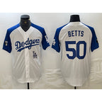 Los Angeles Dodgers #50 Mookie Betts White Puhics Blue Fashion Stitched Cool Base Limited Jersey 2