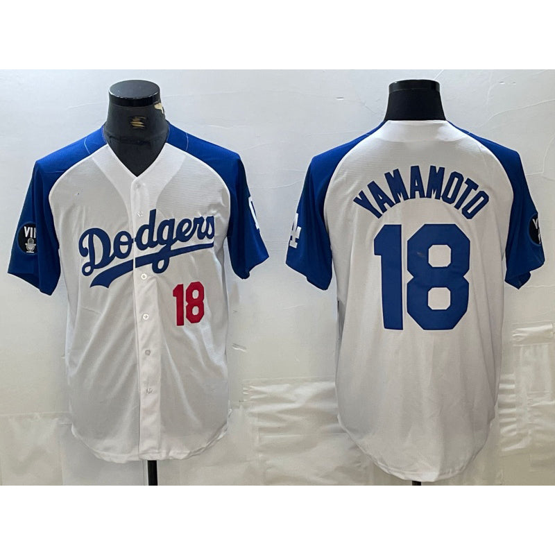 Los Angeles Dodgers #18 Yoshinobu Yamamoto Number White Blue Puhics Fashion Stitched Cool Base Limited Jersey