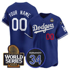Custom Los Angeles Dodgers ACTIVE PLAYER Royal Puhics 2024 World Series With Fernando Memorial Patch Limited Stitched Jersey