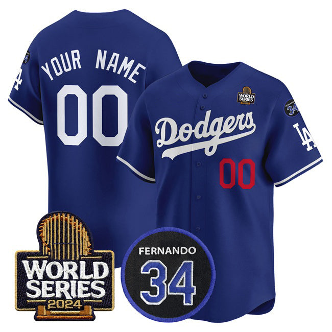 Custom Los Angeles Dodgers ACTIVE PLAYER Royal Puhics 2024 World Series With Fernando Memorial Patch Limited Stitched Jersey
