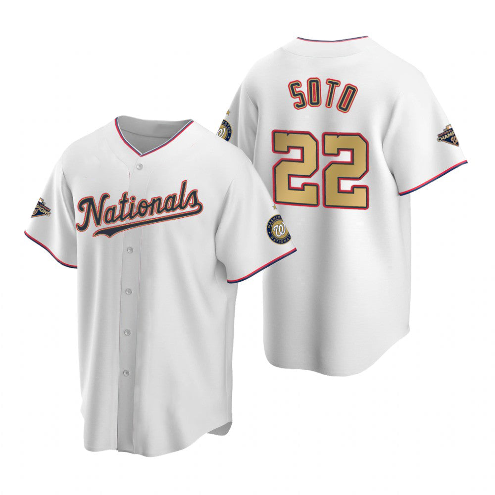 Washington Nationals #22 Juan Soto White Gold Puhics 2019 World Series Champions Stitched Cool Base Jersey