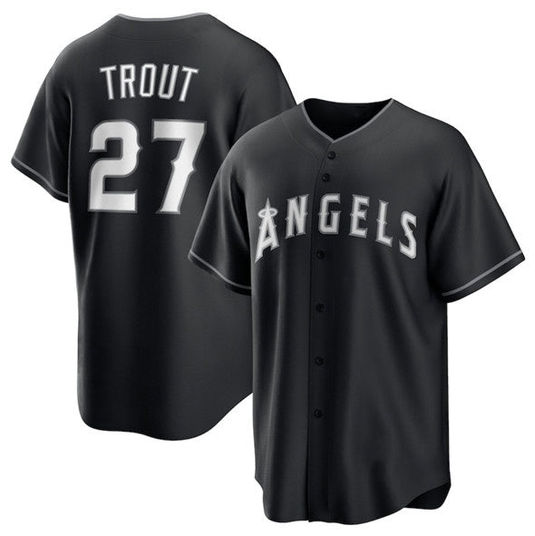Los Angeles Angels #27 Mike Trout Black Puhics Lights Out Limited Stitched Jersey