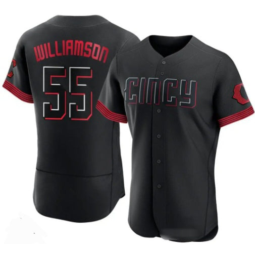 Cincinnati Reds #55 Brandon Williamson Black Puhics 2023 City Connect Cool Base Stitched Jersey