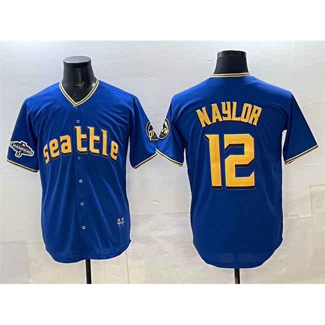 Seattle Mariners #12 Josh Naylor Royal Puhics With 2025 AL West Division Champions Patch Limited Stitched jersey