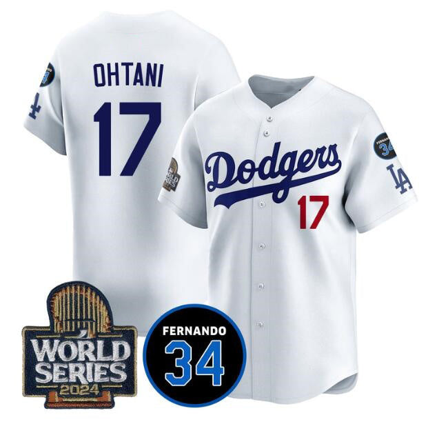 Los Angeles Dodgers #17 Shohei Ohtani White Puhics 2024 World Series With Fernando Memorial Patch Limited Stitched Jersey