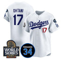 Los Angeles Dodgers #17 Shohei Ohtani White Puhics 2024 World Series With Fernando Memorial Patch Limited Stitched Jersey