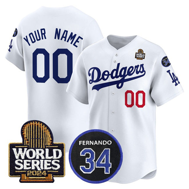 Custom Los Angeles Dodgers ACTIVE PLAYER White Puhics 2024 World Series With Fernando Memorial Patch Limited Stitched Jersey