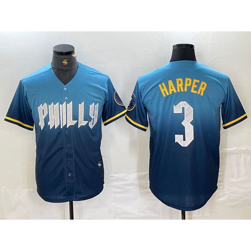 Philadelphia Phillies #3 Bryce Harper Blue Puhics 2024 City Connect Limited Stitched Jersey