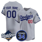 Custom Los Angeles Dodgers ACTIVE PLAYER Gray Puhics 2025 World Series With No. 34 Patch Limited Stitched Jersey