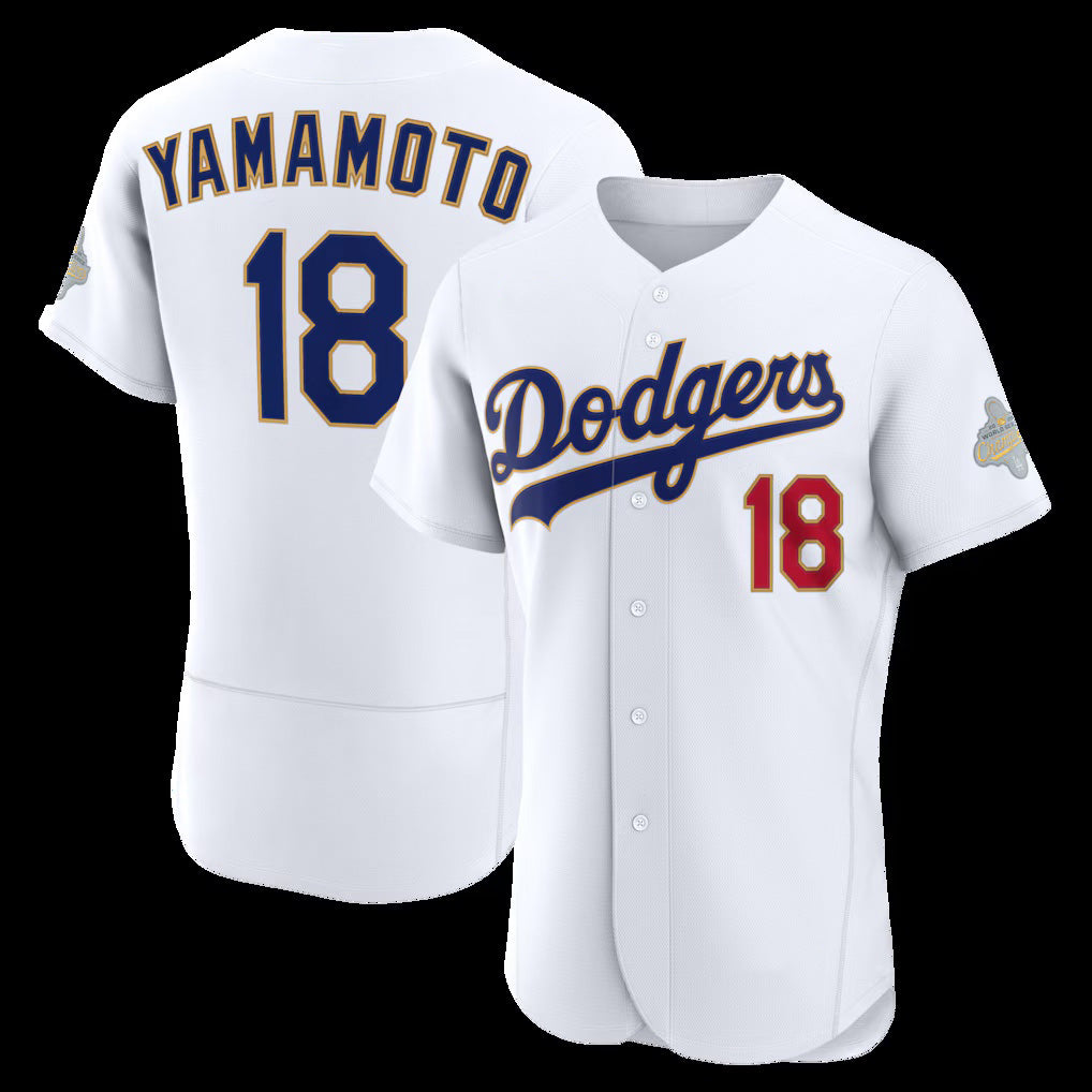 Los Angeles Dodgers #18 Yoshinobu Yamamoto White Puhics 2026 Gold Collection Authentic Jersey