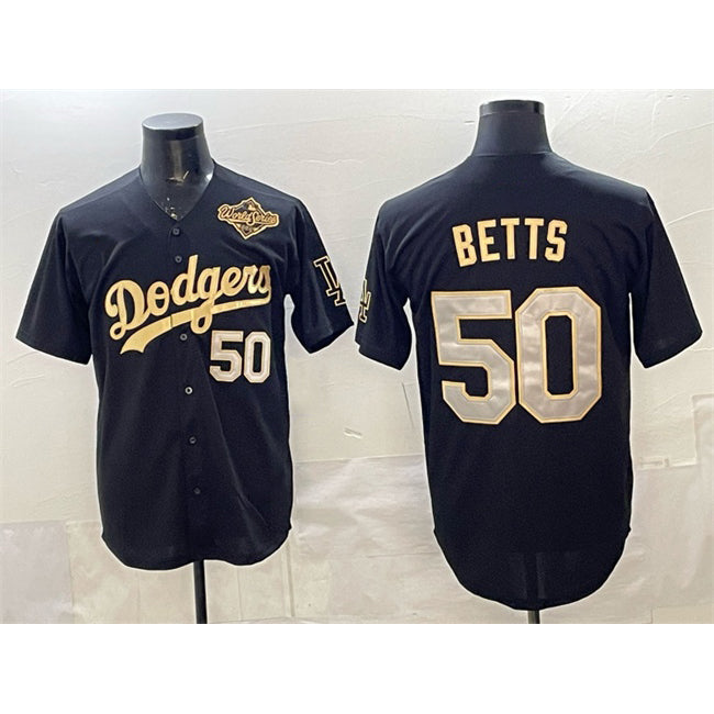 Los Angeles Dodgers #50 Mookie Betts Black Gold Puhics 2025 World Series Patch Limited Stitched Jersey