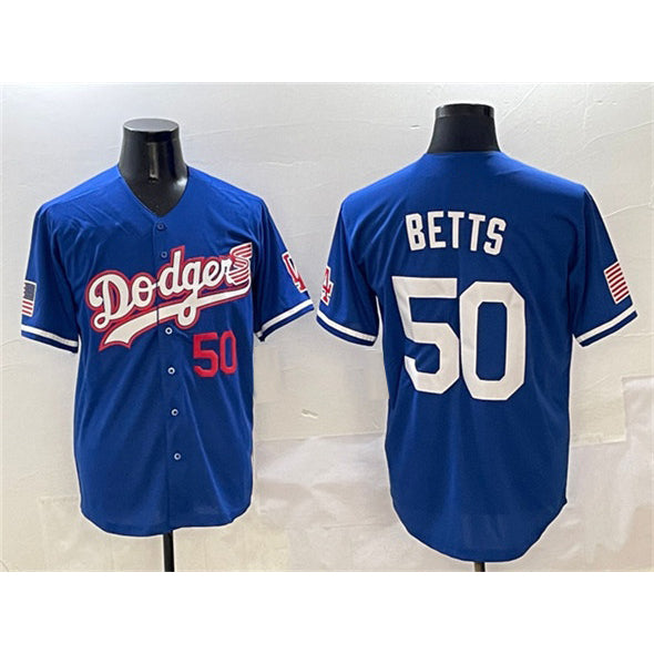 Los Angeles Dodgers #50 Mookie Betts Royal Puhics With American Flag Patch Limited Stitched Jersey