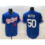 Los Angeles Dodgers #50 Mookie Betts Royal Puhics With American Flag Patch Limited Stitched Jersey