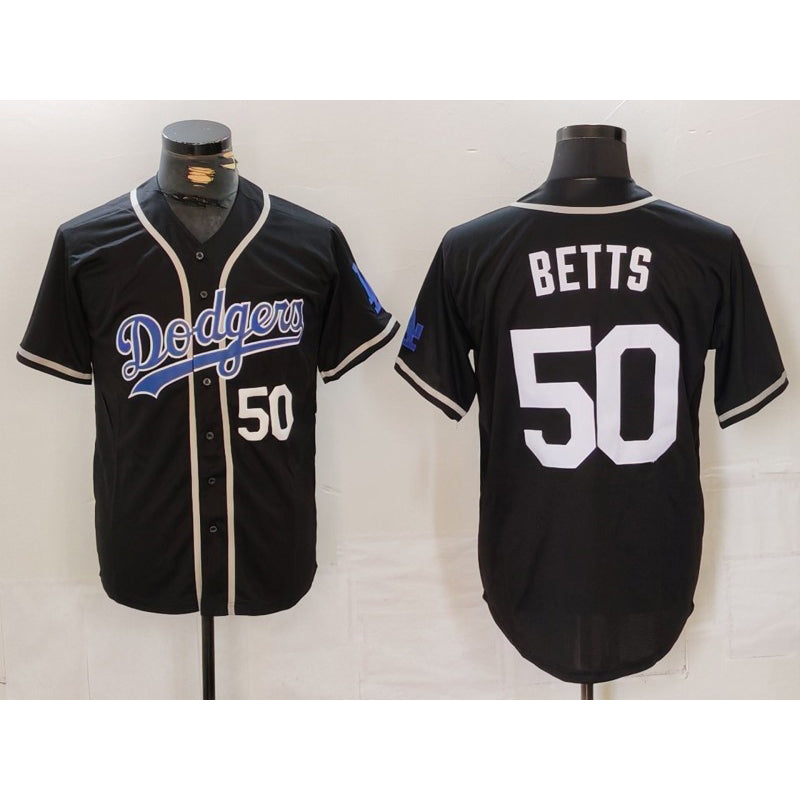 Los Angeles Dodgers #50 Mookie Betts Number Black Puhics White Cool Base Stitched Jerseys