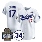 Los Angeles Dodgers #17 Shohei Ohtani White Puhics 2024 World Series With No. 34 Patch Limited Stitched Jersey