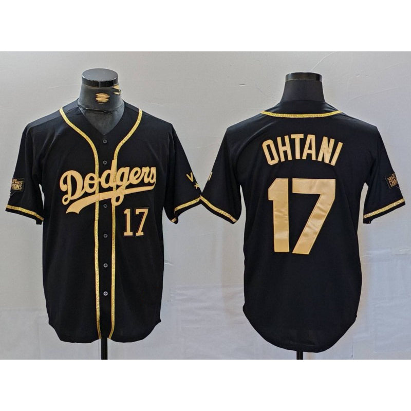 Los Angeles Dodgers #17 Shohei Ohtani Number Black Gold Puhics World Series Champions Cool Base Stitched Jersey