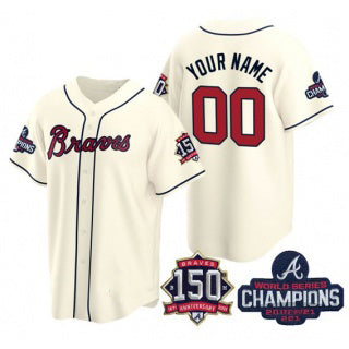 Custom Atlanta Braves Cream Puhics Active Player 2021 World Series Chimpions With 150th Anniversary Cool Stitched Jersey