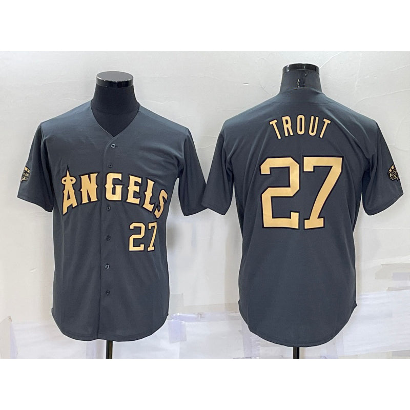 Los Angeles Angels #27 Mike Trout Number Grey Puhics 2022 All Star Stitched Cool Base Jersey