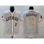 Houston Astros #2 Alex Bregman Number 2023 White Gold Puhics World Serise Champions Patch Flex Base Stitched Jersey 2