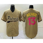 San Diego Padres #13 Manny Machado Tan Puhics Pinstripe 2023 City Connect Cool Base Stitched Jersey 2