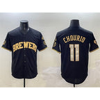 Milwaukee Brewers #11 Jackson Chourio Black Gold Puhics With Home Patch Limited Stitched Jersey
