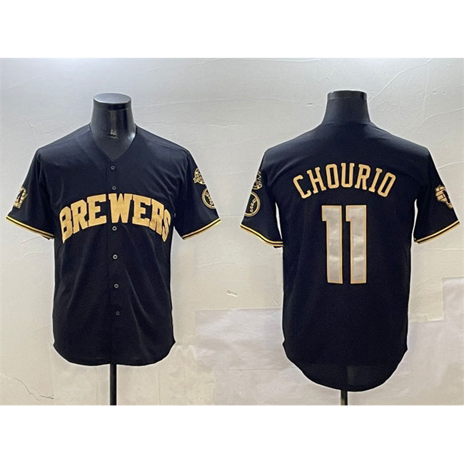 Milwaukee Brewers #11 Jackson Chourio Black Gold Puhics With Home Patch Limited Stitched Jersey