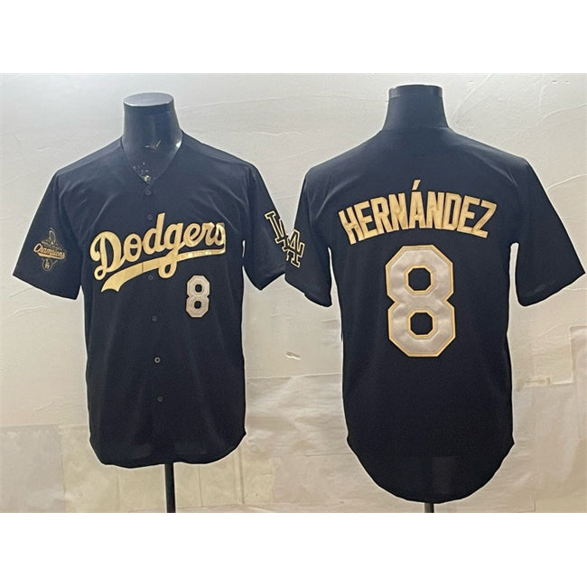 Los Angeles Dodgers #8 Enrique Hern¨¢ndez Black Gold Puhics 2025 World Series Champions Patch Limited Stitched Jersey