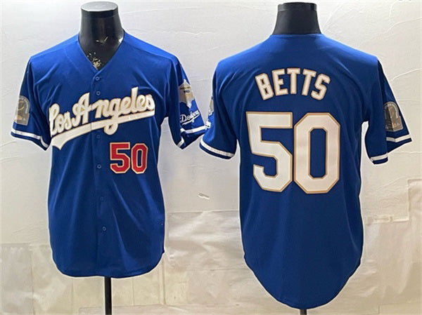 Los Angeles Dodgers #50 Mookie Betts Royal Puhics 2026 Gold Collection 9x & B2B Champs Patch Stitched Jersey