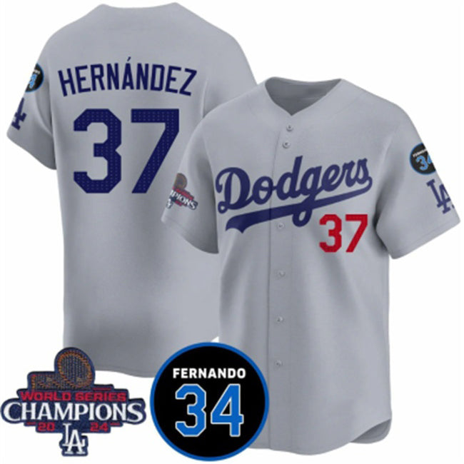 Los Angeles Dodgers #37 Teoscar Hernandez Gray Puhics 2024 World Series Champions With Fernando Memorial Patch Vapor Premier Limited Stitched Jersey