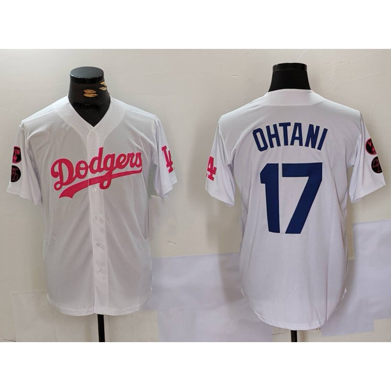 Los Angeles Dodgers #17 Shohei Ohtani White Pink Puhics Vin & Kobe Patch Stitched Jersey 2