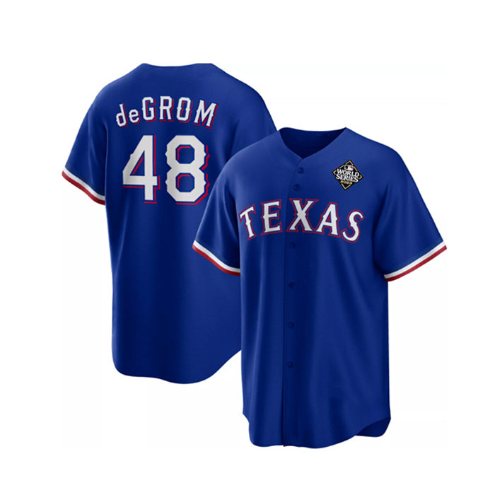 Texas Rangers #48 Jacob DeGrom Royal Puhics 2023 World Series Cool Base Stitched Jersey