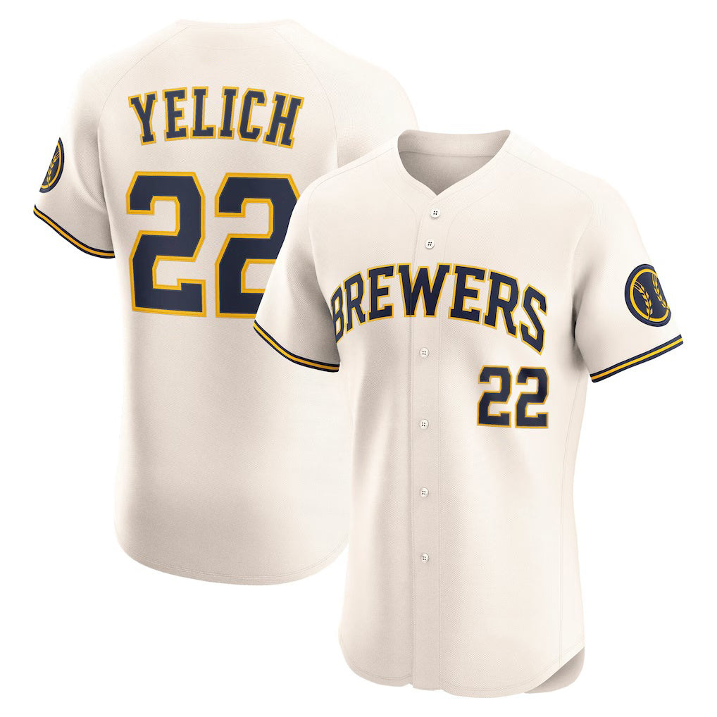 Milwaukee Brewers #22 Christian Yelich Cream Puhics Home Elite Player Jersey