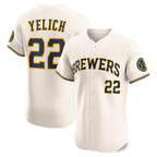 Milwaukee Brewers #22 Christian Yelich Cream Puhics Home Elite Player Jersey