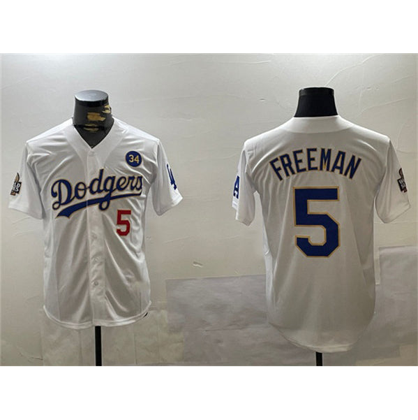 Los Angeles Dodgers #5 Freddie Freeman White Gold Puhics 2024 World Series With No. 34 Patch Home Limited Stitched Jersey