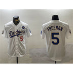 Los Angeles Dodgers #5 Freddie Freeman White Gold Puhics 2024 World Series With No. 34 Patch Home Limited Stitched Jersey