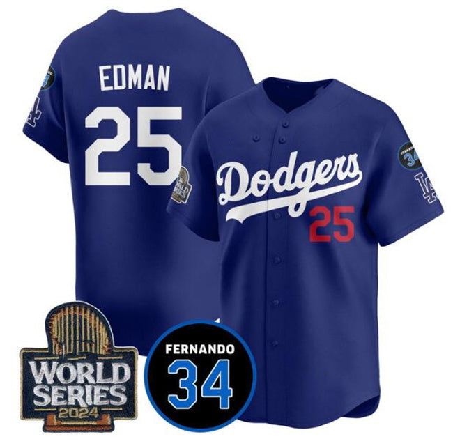 Los Angeles Dodgers #25 Tommy Edman Royal Puhics 2024 World Series With Fernando Memorial Patch Alternate Limited Stitched Jersey