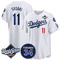 Los Angeles Dodgers #11 R¨­ki Sasaki White Puhics 2025 World Series With No. 34 Patch Limited Stitched Jersey