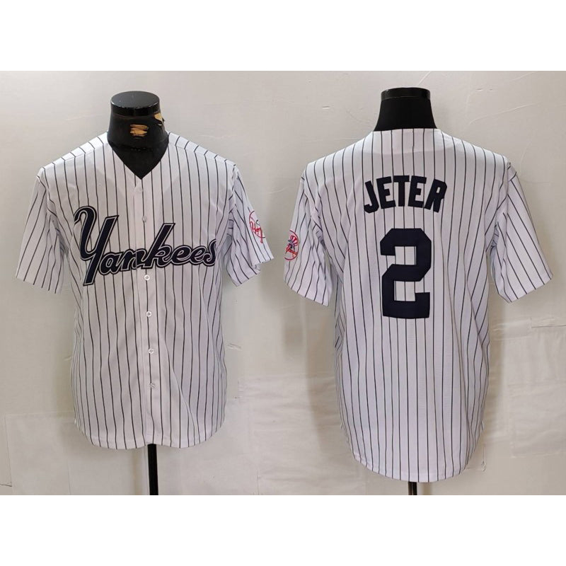 New York Yankees #2 Derek Jeter White Puhics Pinstripe Fashion Cool Base Jersey 3