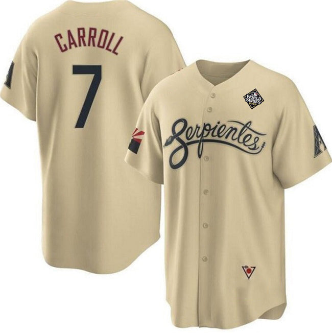Arizona Diamondbacks #7 Corbin Carroll Gold Puhics 2023 World Series City Connect Cool Base Stitched Jersey