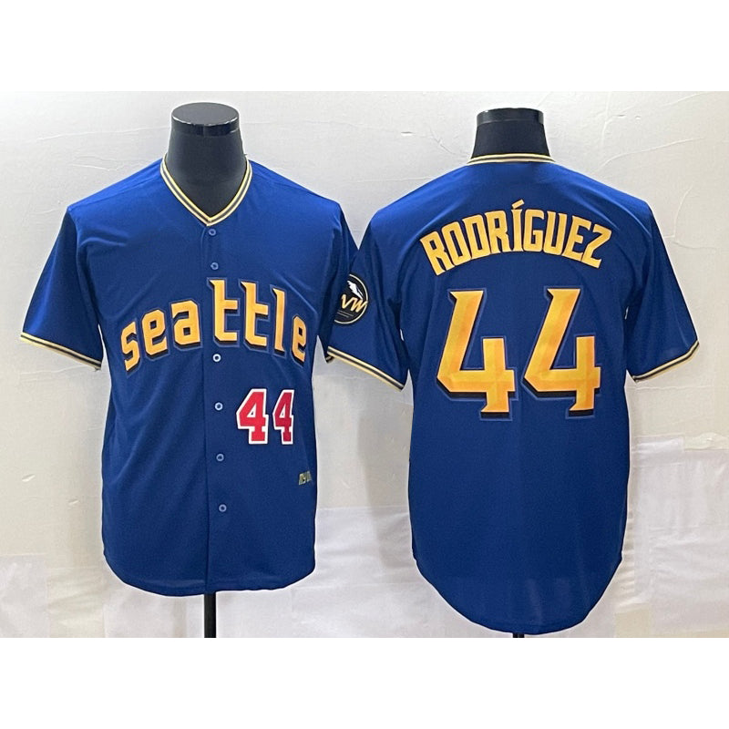 Seattle Mariners #44 Julio Rodriguez Number Blue Puhics 2023 City Connect Cool Base Stitched Jersey 1