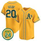 Oakland Athletics #20 Zack Gelof Yellow Puhics 2024 Limited With Rickey Henderson Patch Stitched Jersey