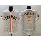 Houston Astros #2 Alex Bregman Number 2023 White Gold Puhics World Serise Champions Patch Flex Base Stitched Jersey