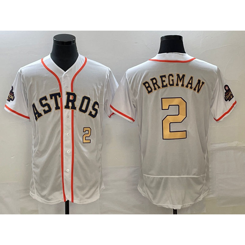 Houston Astros #2 Alex Bregman Number 2023 White Gold Puhics World Serise Champions Patch Flex Base Stitched Jersey