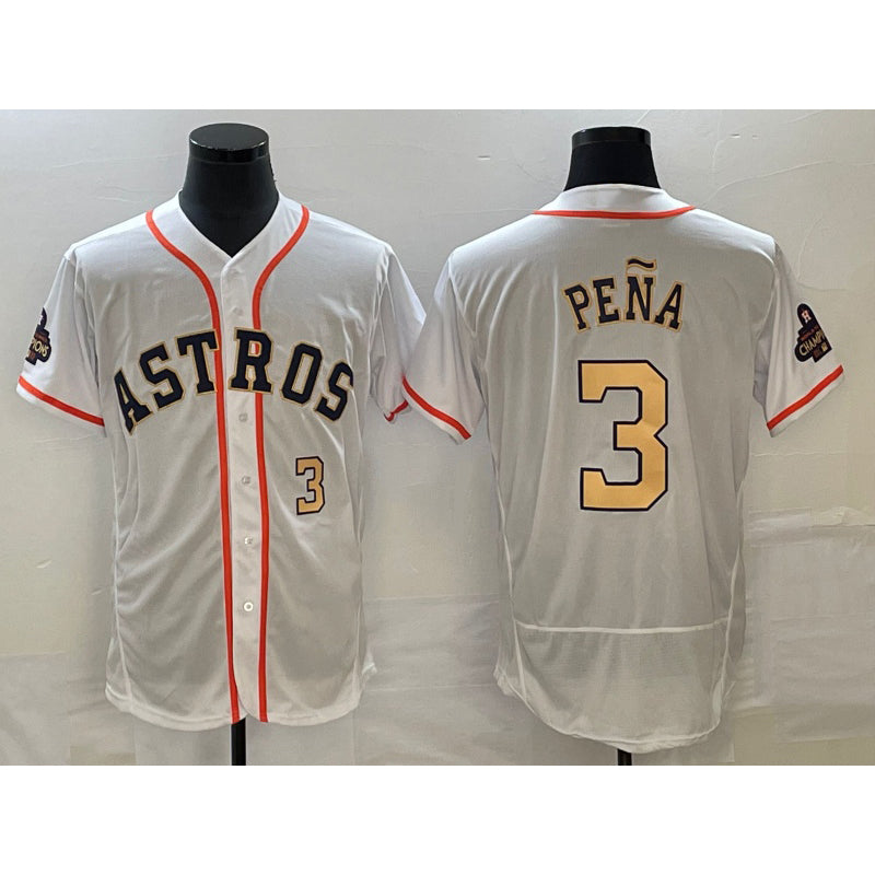 Houston Astros #3 Jeremy Pena Number 2023 White Gold Puhics World Serise Champions Patch Flex Base Stitched Jersey 2