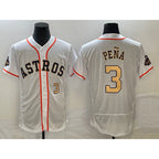 Houston Astros #3 Jeremy Pena Number 2023 White Gold Puhics World Serise Champions Patch Flex Base Stitched Jersey 2