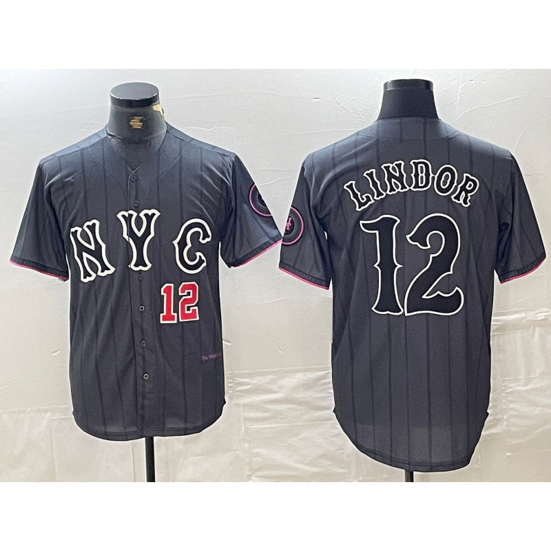 New York Mets #12 Francisco Lindor Number Grey Puhics 2024 City Connect Cool Base Stitched Jerseys