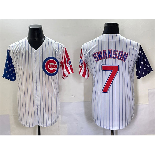 Chicago Cubs #7 Dansby Swanson White Puhics Pinstripe 2025 Independence Day Vapor Premier Limited Stitched Jersey