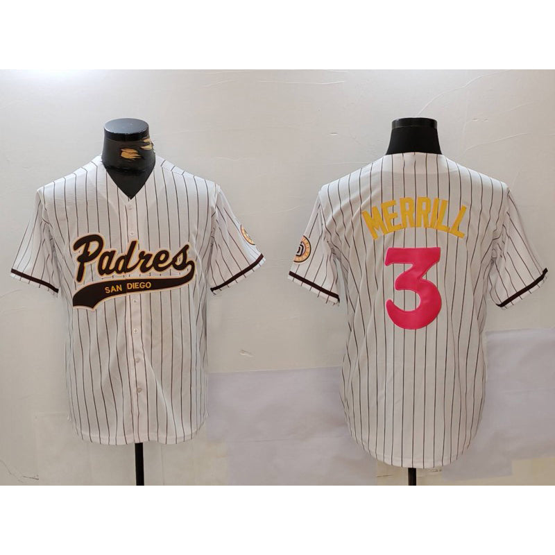 San Diego Padres #3 Jackson Merrill white Puhics Cool Base Stitched Jersey 2