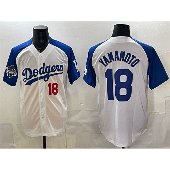 Los Angeles Dodgers #18 Yoshinobu Yamamoto White Royal Puhics 2025 World Series Champions Patch Limited Stitched Jersey