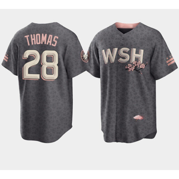 Washington Nationals #28 Lane Thomas 2022 Grey Puhics City Connect Cherry Blossom Cool Base Stitched Jersey